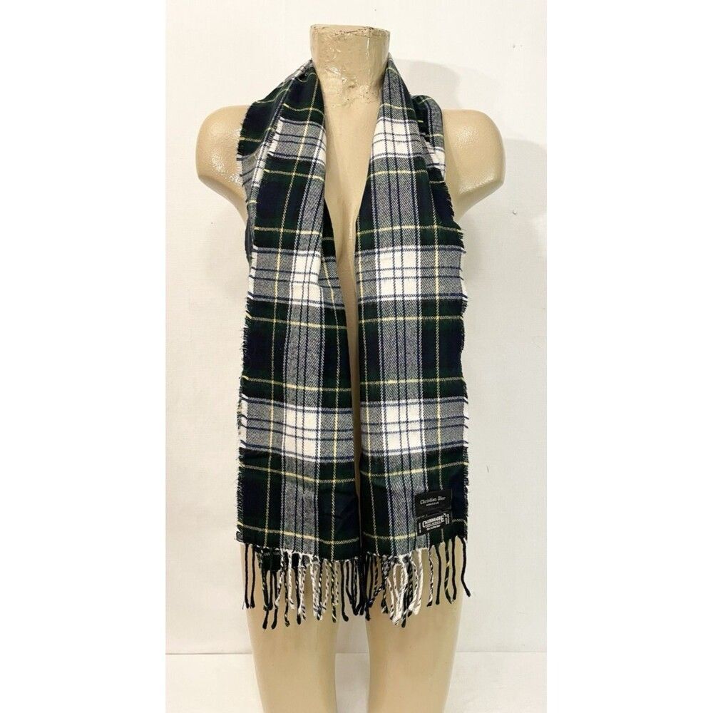 Christian Dior Green White Plaid Scarf Shawl Wrap 57” X 11” 100% Acrylic